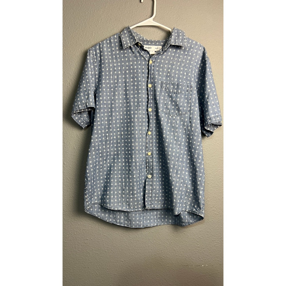 Old Navy Mens Relaxed Fit Short Sleeve Button Down Shirt Blue Geo Diamond Large - Picture 1 of 10